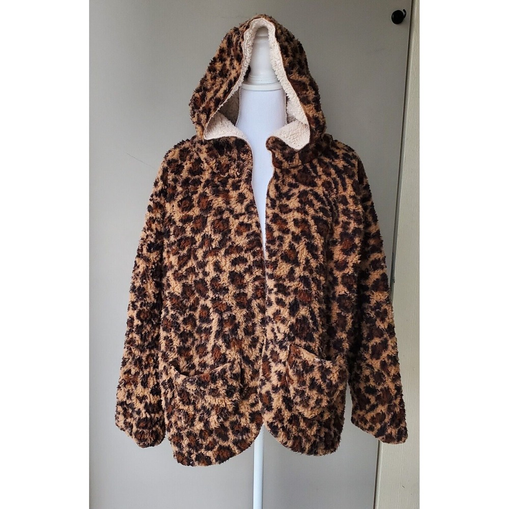 Sweet Rain Cardigan Teddy Coat Womens Medium Black Brown Leopard Faux Shearling